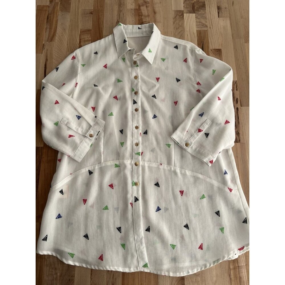 Fridaze 100% Linen Collared Button Up Blouse 3/4 White w/ Geometric Print XL